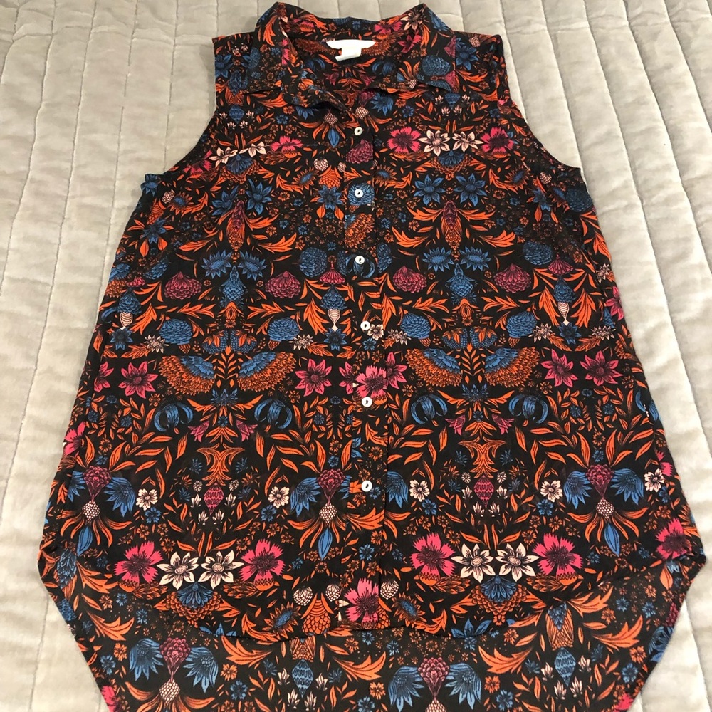 H&M Sleeveless Button-Down Top in Black with Orange, Blue & Pink Floral Print